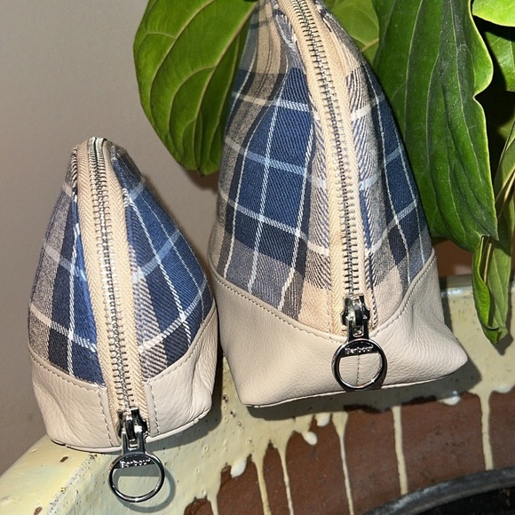 BARBOUR Women’s 2 piece TARTAN Makeup Bags TEMPEST TRENCH TARTAN Blue Tan - Picture 2 of 16